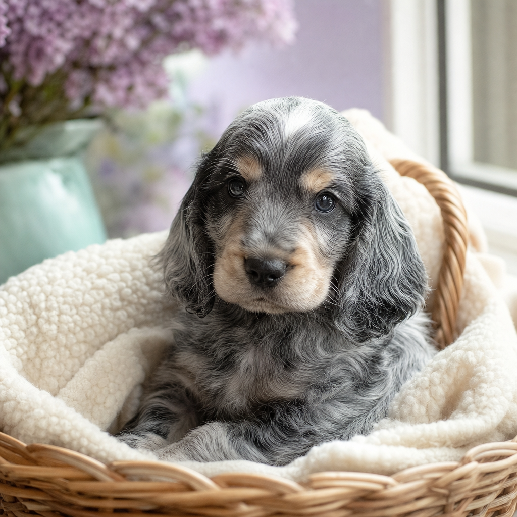 Jeune chiot cocker anglais bleu rouan blotti dans un panier en osier garni d'un plaid clair
