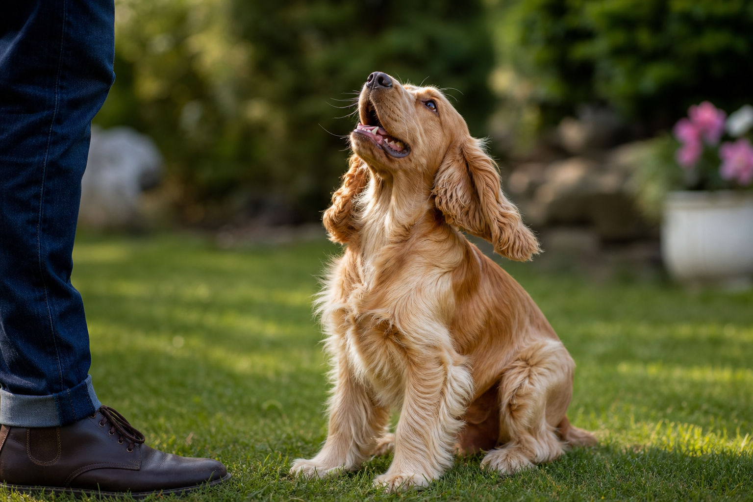 Chiot cocker anglais golden assis dans un jardin, attentif, levant les yeux vers son maître pendant une séance d'éducation