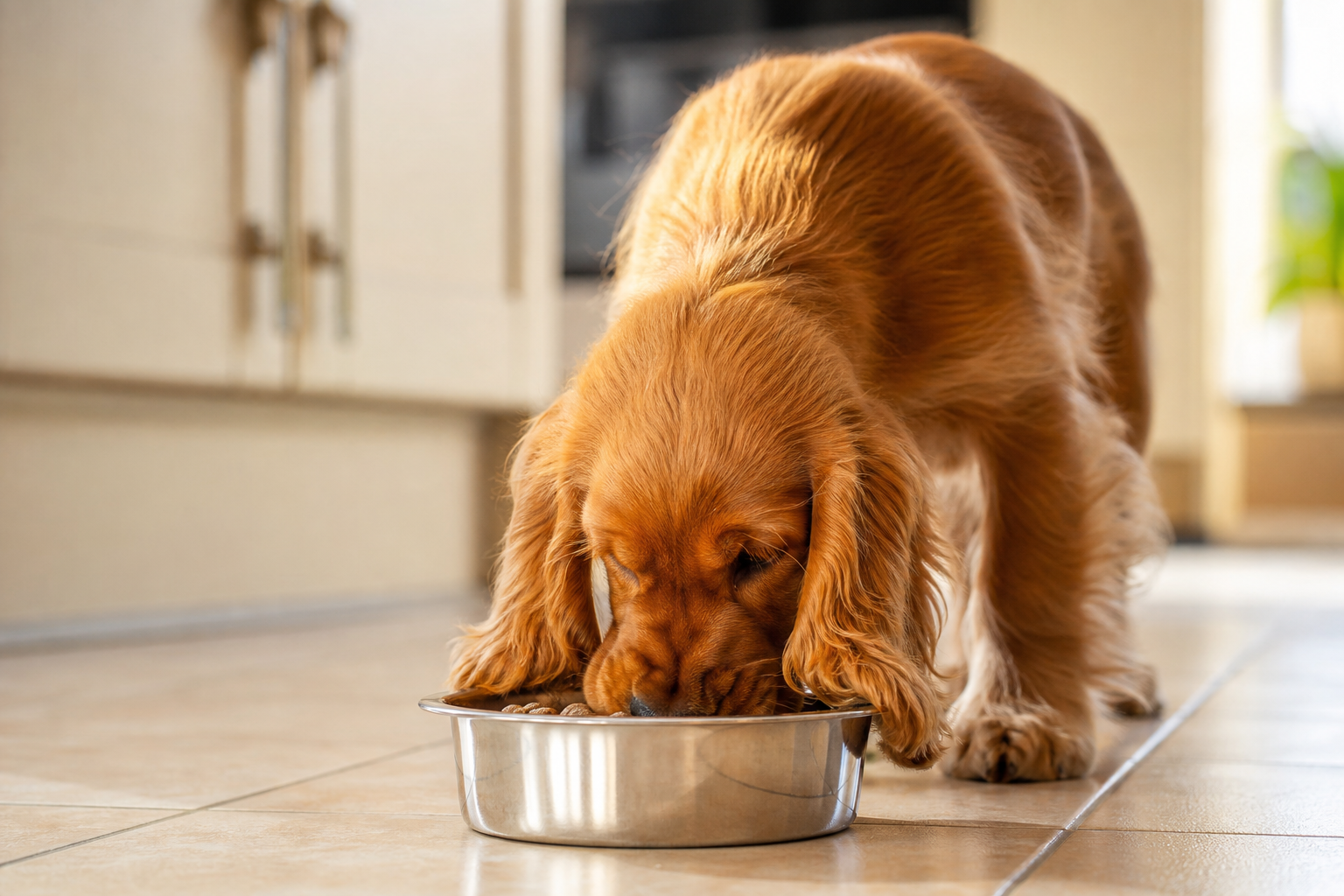 Chiot cocker anglais golden mangeant ses croquettes dans une gamelle en inox sur le sol d'une cuisine